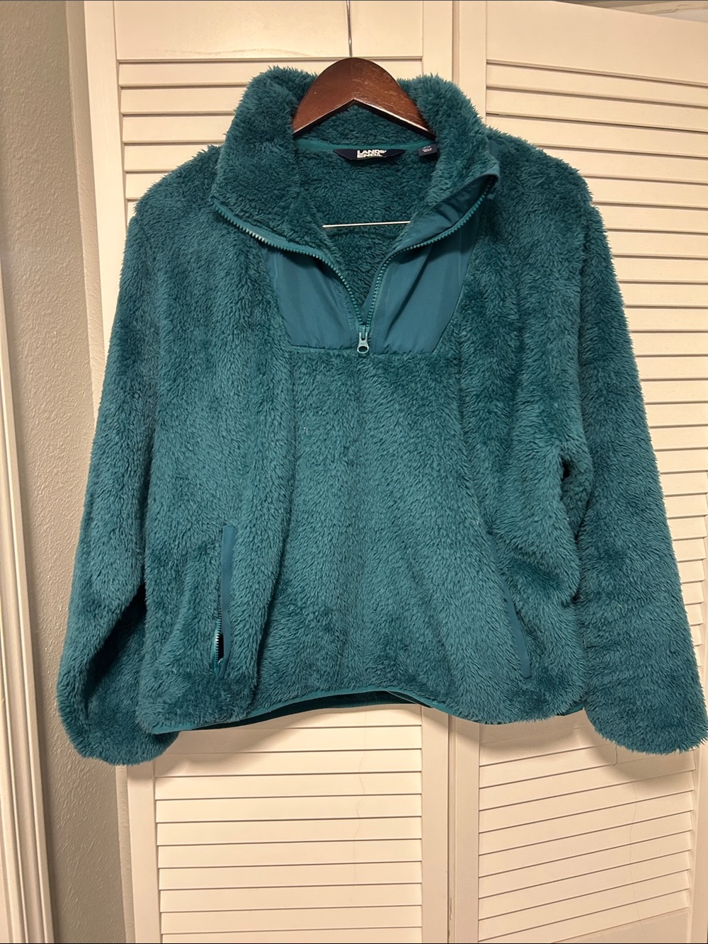 Lands' End Teal Plush Half-Zip Teddy Jacket